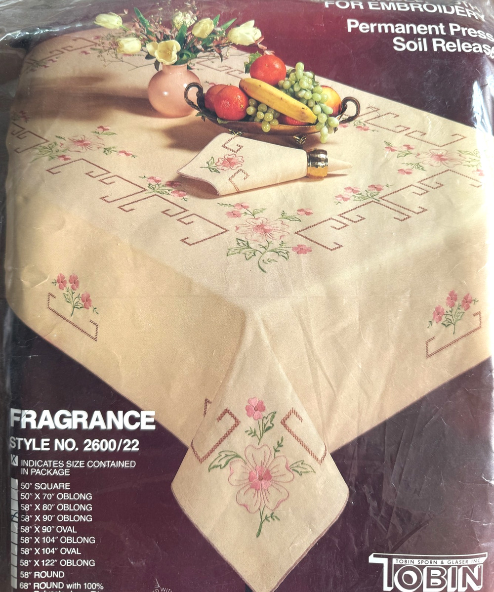 Tobin Stamped Tablecloth Fragrance 2600/42 Oblong 58" x 90" Floral Cross Stitch